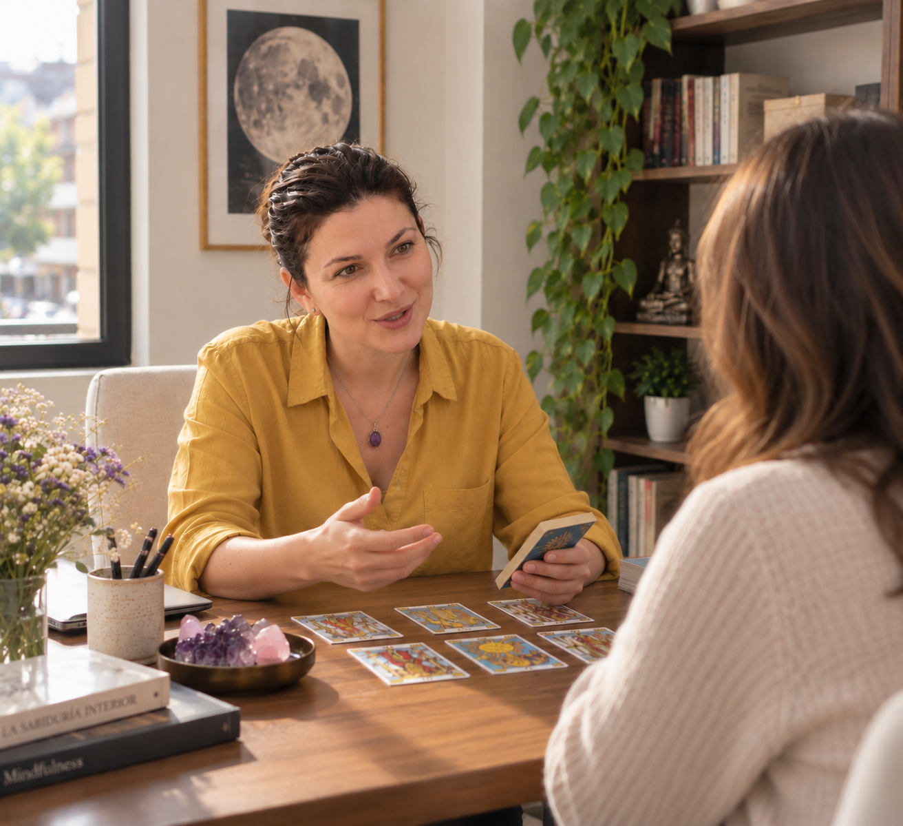 Tarotista lee cartas del tarot en mesa de mármol, con taza de café y otra persona frente.